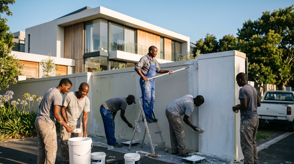 Professional team painting a boundary wall at a modern home in Wilderness