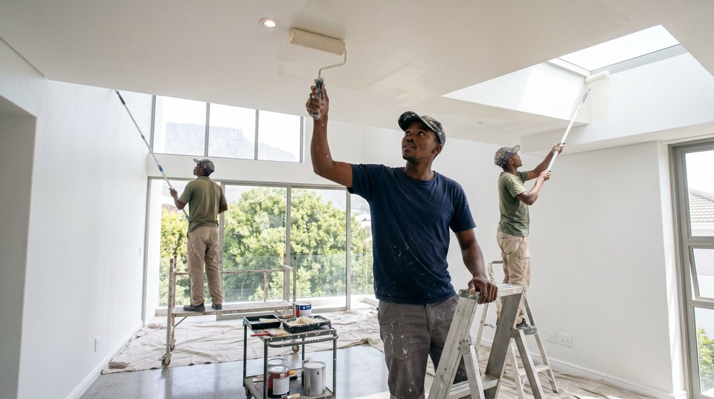 Professional ceiling painters rolling white paint onto a high ceiling in Wilderness