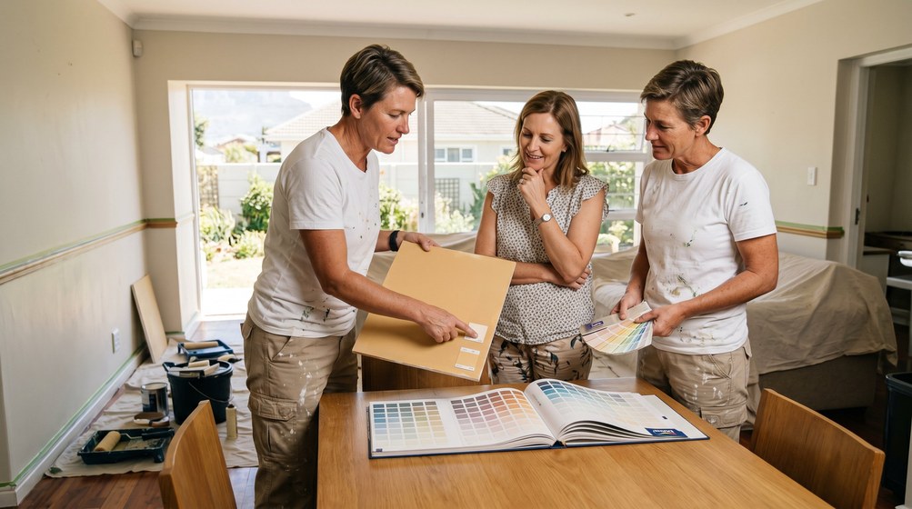 Professional colour consultant showing paint swatches to a homeowner in Wilderness