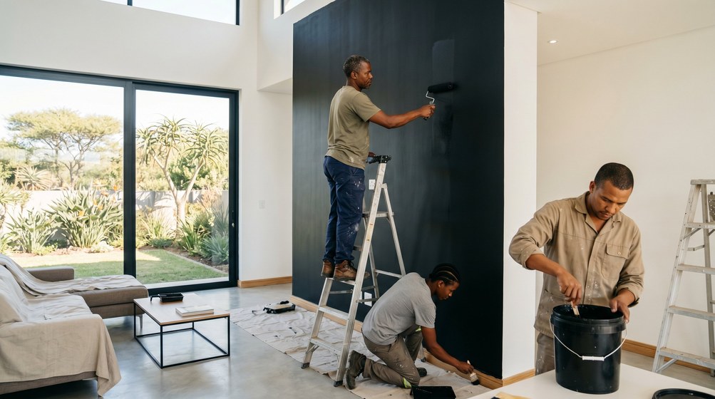 Professional painters creating a bold black feature wall in a modern Wilderness home