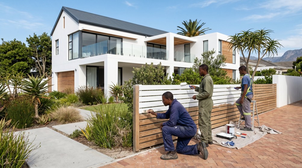 Professional fence painters painting a wooden fence at a coastal home in Wilderness