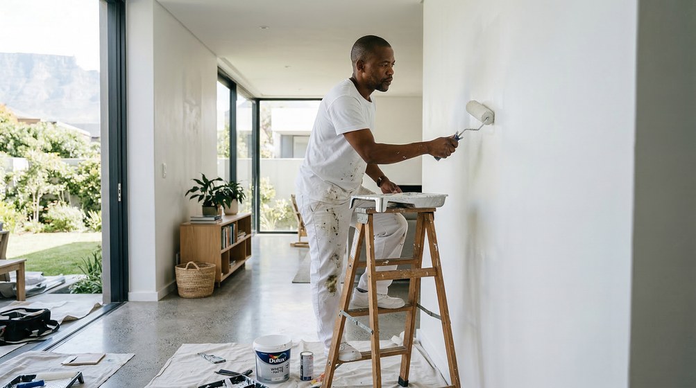 Professional interior painter in Wilderness painting walls with a roller