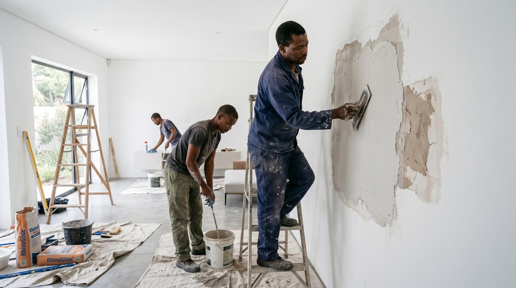 Professional plaster repair team skim coating damaged walls in Wilderness