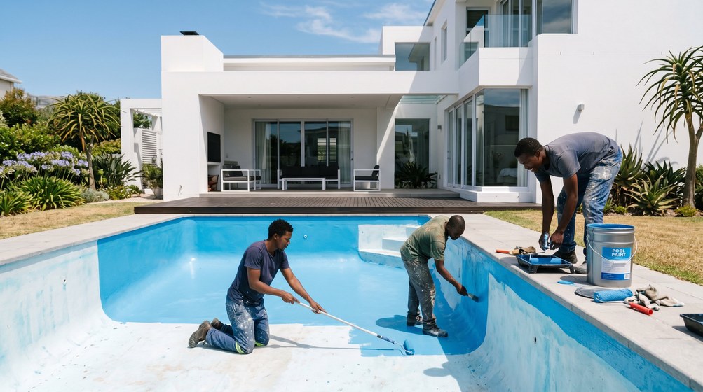 Professional pool painters applying blue pool paint to a swimming pool in Wilderness