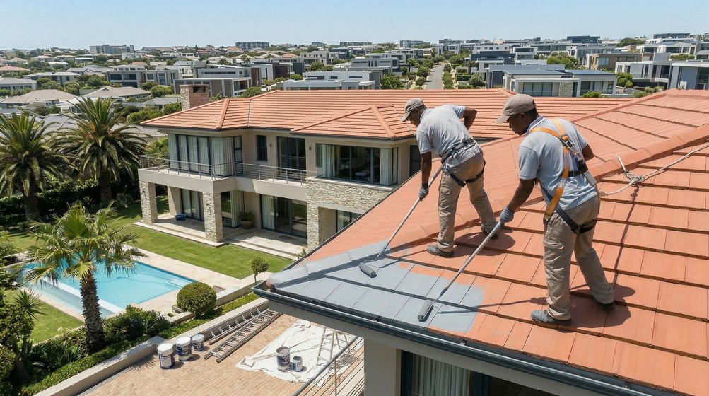 Professional roof painters applying waterproof coating to tiled roof in Wilderness