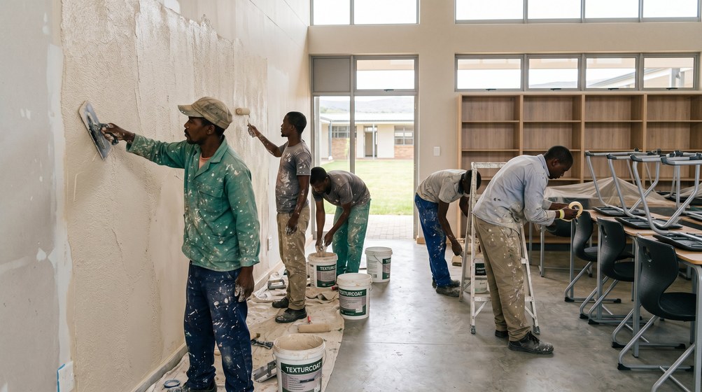 Professional texture coating team applying Texturcoat to interior walls in Wilderness