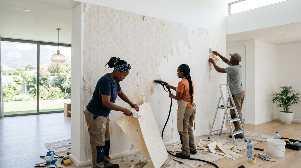 Professional wallpaper removal team stripping old wallpaper in a Wilderness home