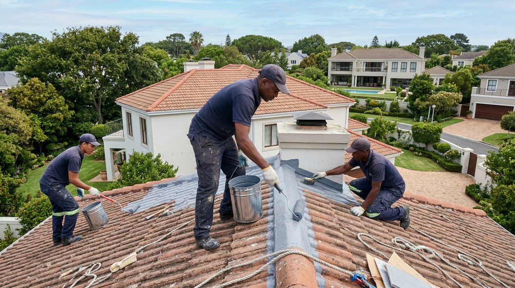 Professional waterproofing team applying membrane to roof in Wilderness