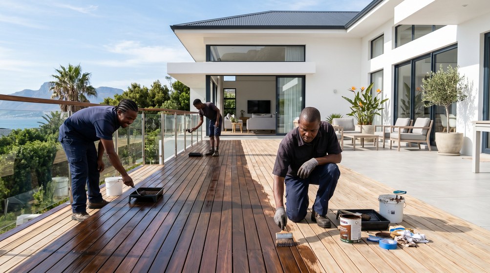 Professional wood staining team applying deck stain overlooking the ocean in Wilderness